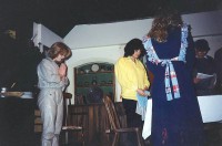 Rehearsal: L-R  Elaine, Jackie, Lindsay and a glimpse of Fred reading in for a missing cast member.
