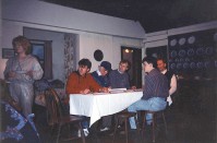 Rehearsal: L-R  Elaine, Matthew, Fred (reading in), Jonathan, Karl, Jim