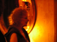 Producer Val taking sustanence in the bar after the show 